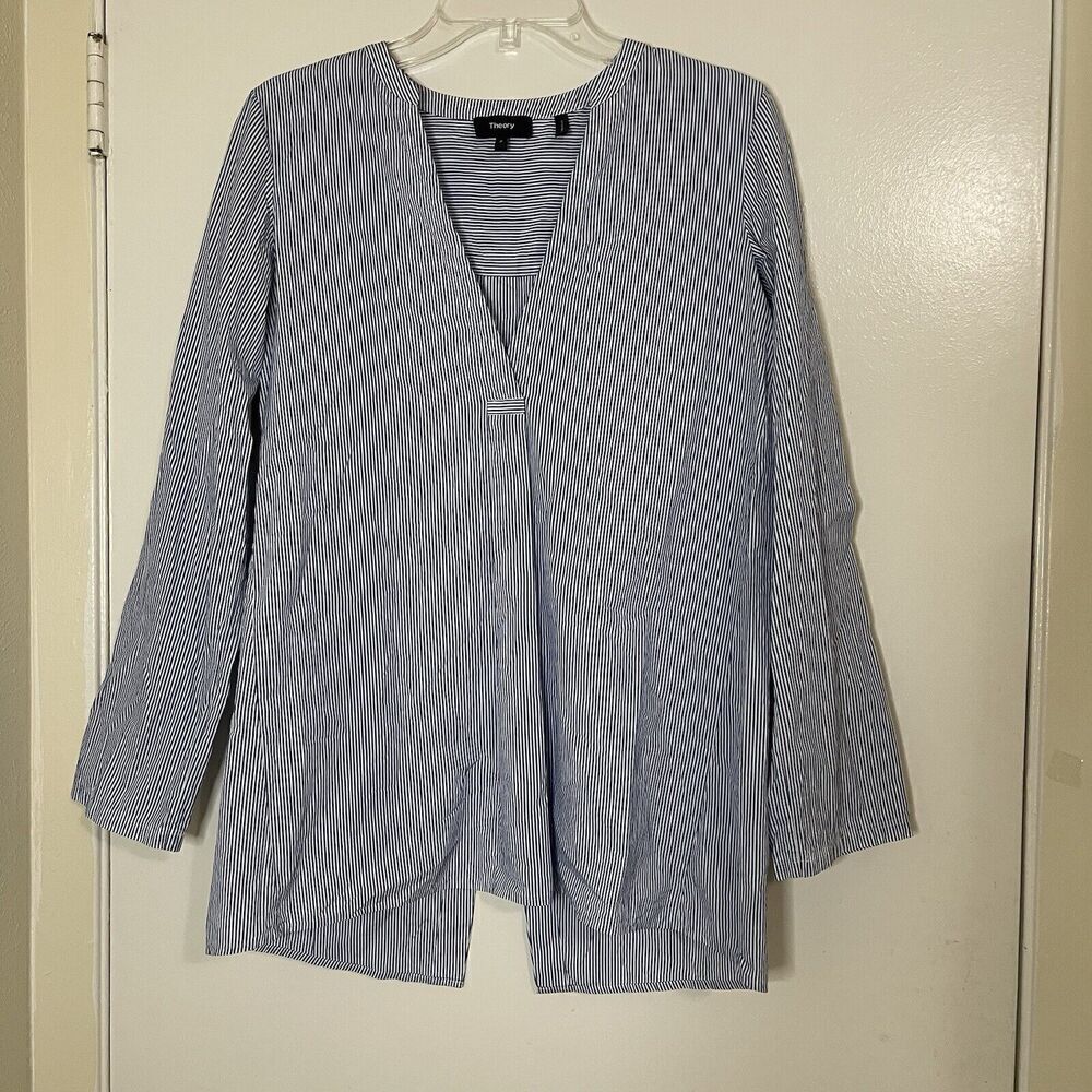 THEORY Blue striped vneck long sleeve cotton woven blouse top XS